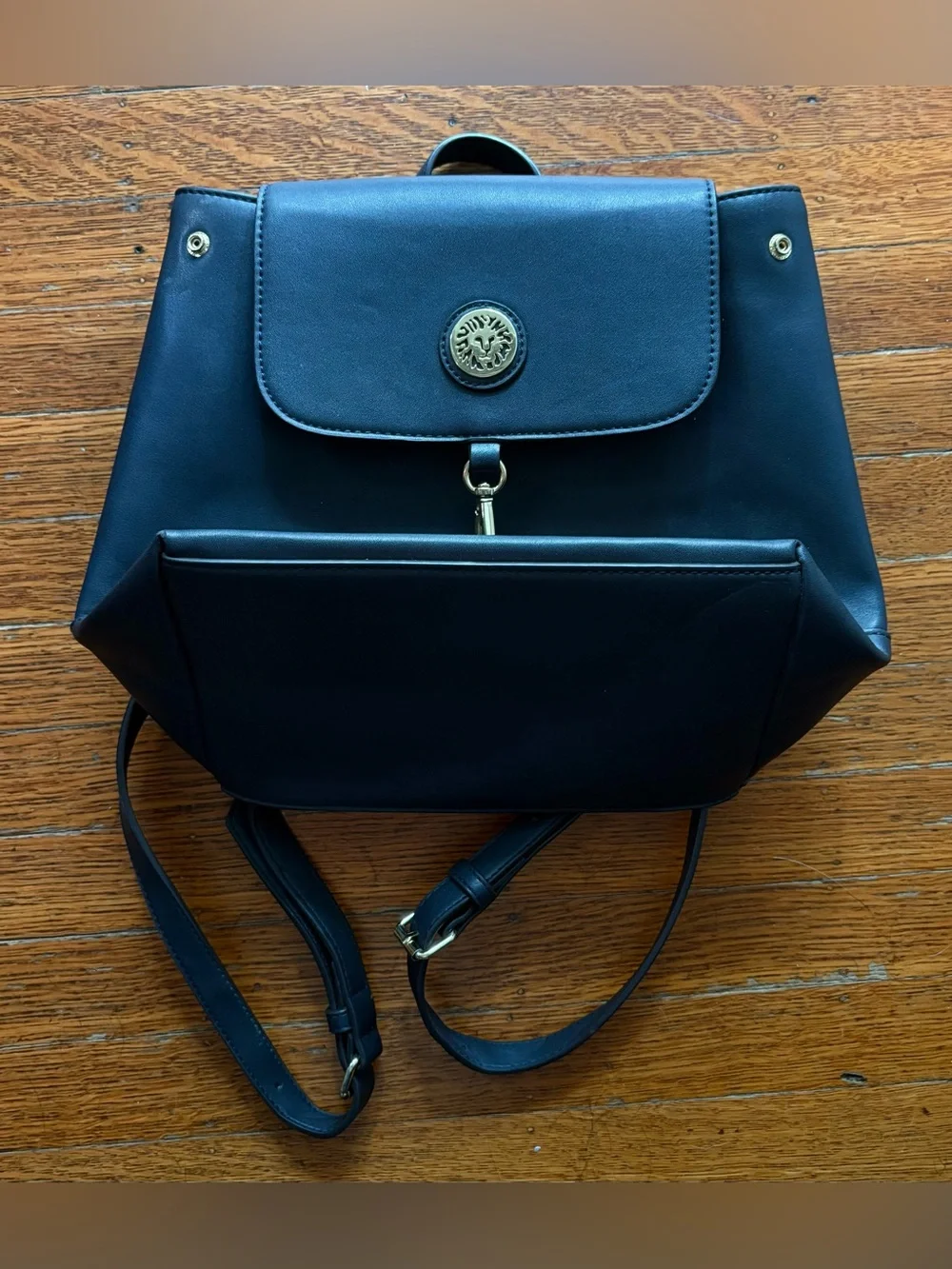 Anne Klein Black Women’s Faux Leather Backpack with Gold Hardware